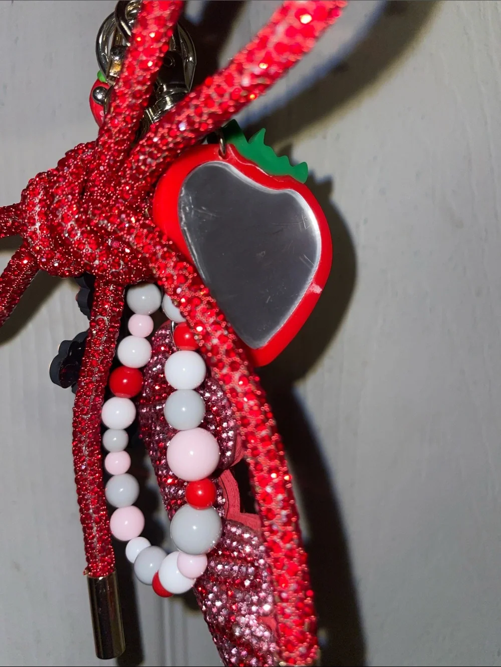 Red Strawberry Shortcake Keychain Wristlet with Beaded Charm